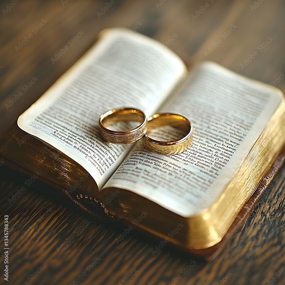 Fototapeta premium Golden Wedding Rings Resting on Open Bible with Wooden Background