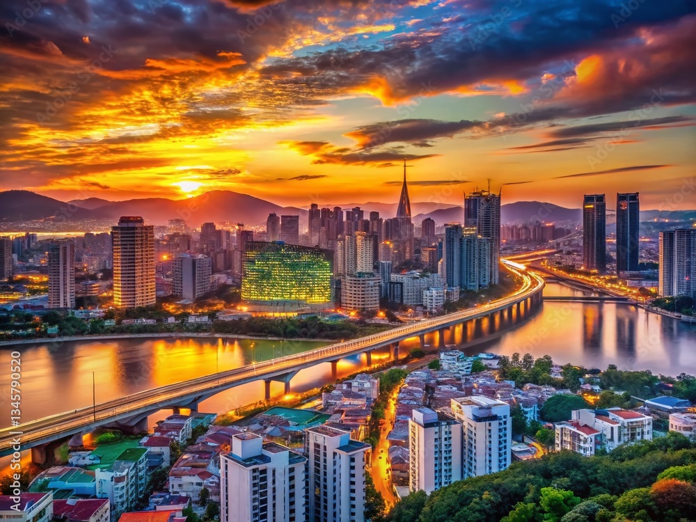 Fototapeta premium Vibrant Seoul Cityscape at Sunset, Rule of Thirds Composition