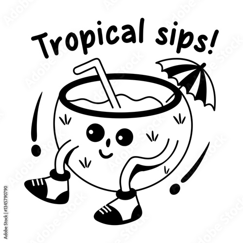 Cute coconut drink with text "tropical sips", glyph sticker
