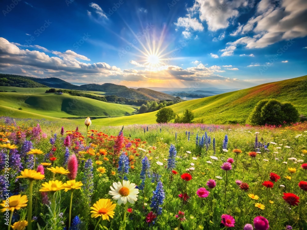 Fototapeta premium Vibrant Spring Meadow Landscape, Colorful Wildflowers, Green Hills, Sunny Day, Nature Background