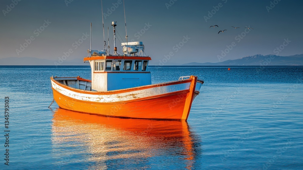 Orange fishing boat at sea, calm morning Orange fishing boat at sea, calm morning