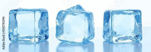 Three Blue Ice Cubes on a Reflective Surface