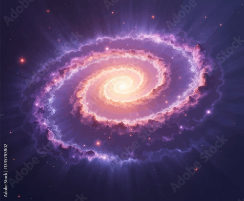 Swirling spiral galaxy with purple and orange nebula clouds