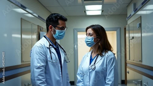 Two Medical Professionals Wearing Protective Face Masks in a Hospital Hallway Amid the Ongoing Pandemic and Collaborative Expertise