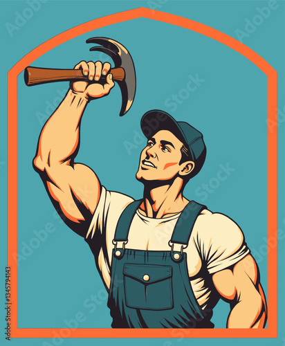 Strong Cartoon Carpenter with Hammer and Overalls