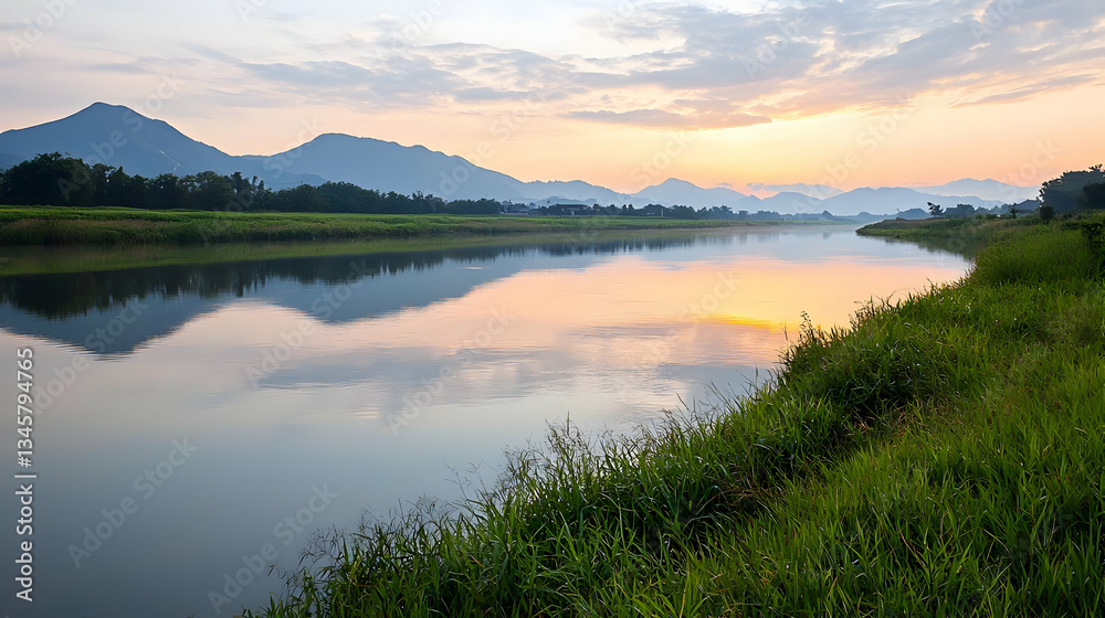 Fototapeta premium Panoramic River Landscape At Sunset With Mountains Green Vegetation Reflecting Sky Colors