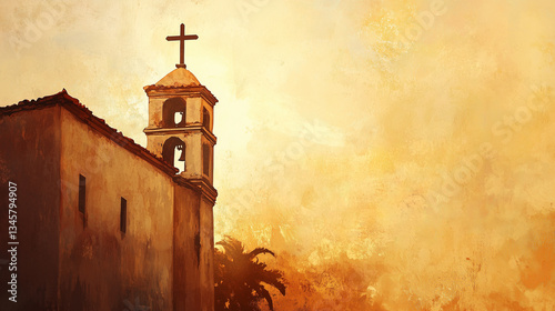 Visita Iglesia themed banner with view of Spanish colonial church at dusk, sunlight shining on cross on top of tower, soft gold gradient in background