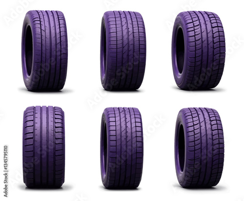 Six purple car tires on white background