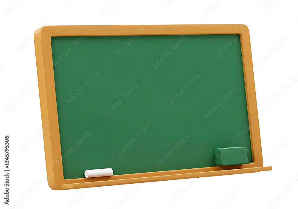 Blank green 3D chalkboard with a wooden frame, white chalk, and eraser on ledge below Blank green 3D chalkboard with a wooden frame, white chalk, and eraser on ledge below