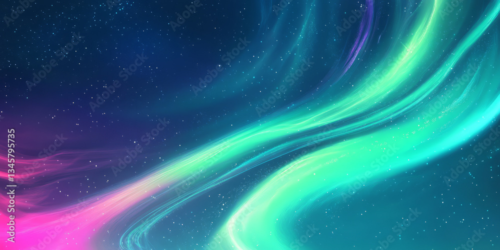 Obraz premium A celestial, colorful abstract background featuring a fantasy sky filled with glowing auroras. The swirling lights dance in shades of emerald green, electric blue, and magenta, evoking a mystical,
