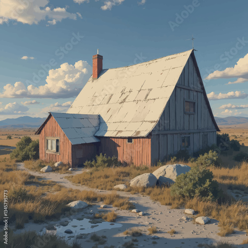 Rustic weathered barn in arid landscape under blue sky
