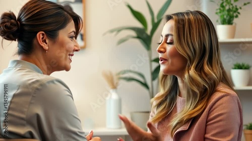 Two Smiling Women in Business Attire Having a Conversation in a Bright Office with Plants and Shelves in the Background