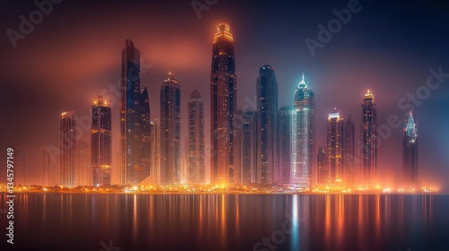 A modern skyline with numerous illuminated skyscrapers at twilight