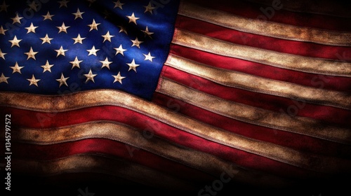 A textured, darkened American flag with stars and stripes, symbolizing patriotism and national identity.