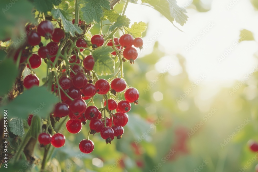Obraz premium Bountiful clusters of ripe red currants glistening in the golden sunlight of a summer's evening