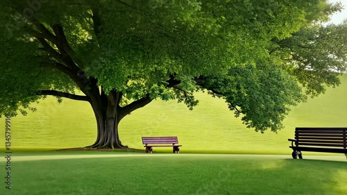Two Wooden Benches Underneath a Large Green Tree on a Sunny Day
