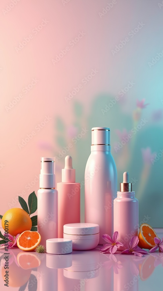 A collection of pink bottles and jars of skincare products, with a few citrus fruits and flowers nearby A collection of pink bottles and jars of skincare products, with a few citrus fruits and flowers nearby