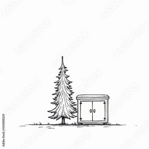 Monochrome illustration of a pine tree and a shed