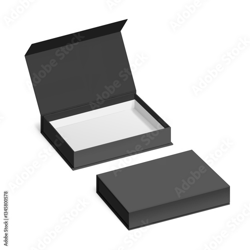 Black box with magnetic close. Vector illustration isolated on white background. Taking your 2D designs into 3D. Can be use for gift box, luxury, cosmetics, electronics and other goods. EPS10.