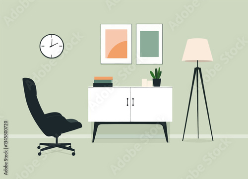 Minty Office with a Modern Black Chair and White Credenza