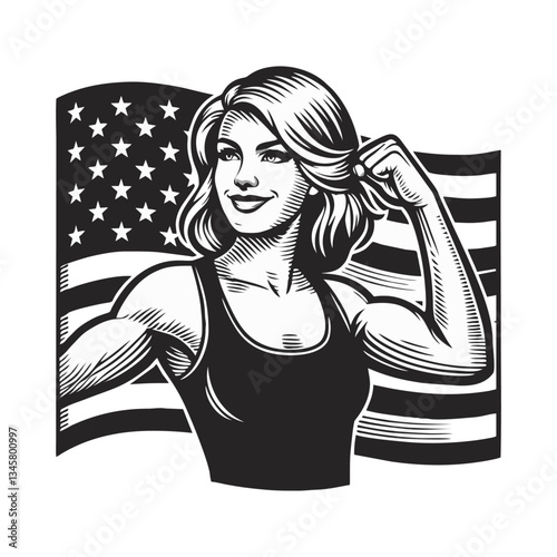 women flexing muscle engrave illustration