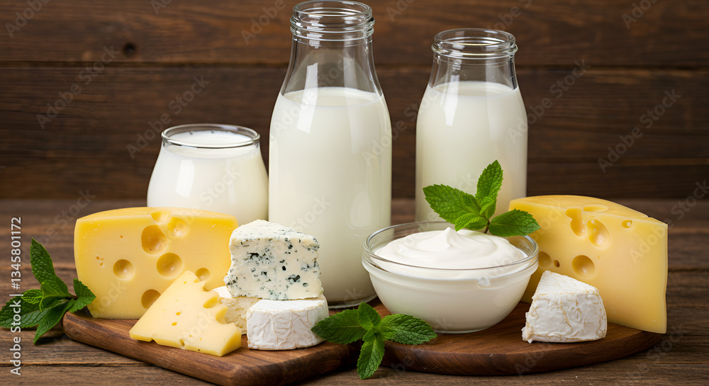 A rustic arrangement of fresh dairy products, featuring a glass bottle of milk, creamy cheeses, and a bowl of rich cream, adorned with fresh mint leaves on a wooden table A rustic arrangement of fresh dairy products, featuring a glass bottle of milk, creamy cheeses, and a bowl of rich cream, adorned with fresh mint leaves on a wooden table