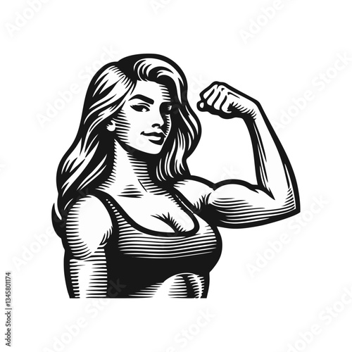 women flexing muscle engrave illustration