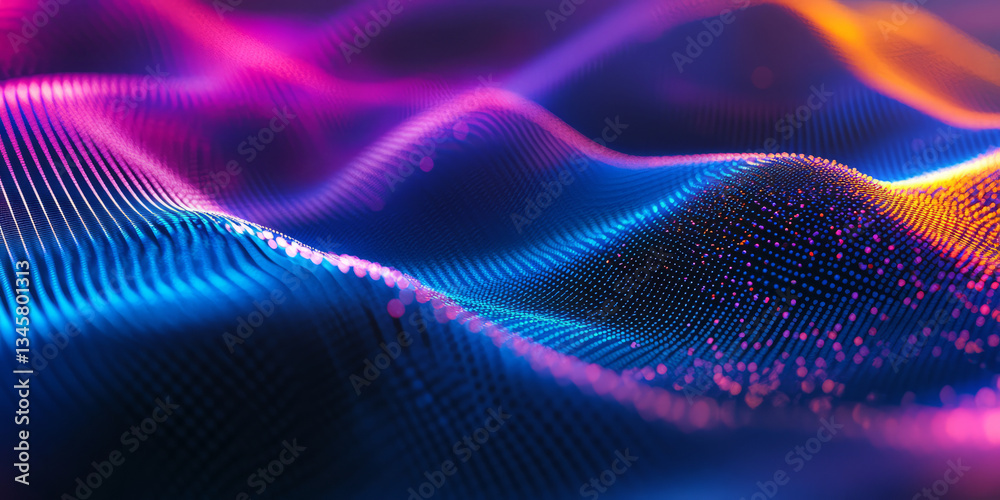 Fototapeta premium A futuristic, colorful abstract background featuring glowing holographic grids. The geometric, digital structures in electric cyan, deep purple, and neon orange create a cyber-inspired, sci-fi, and