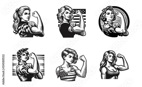 women flexing muscle engrave illustration