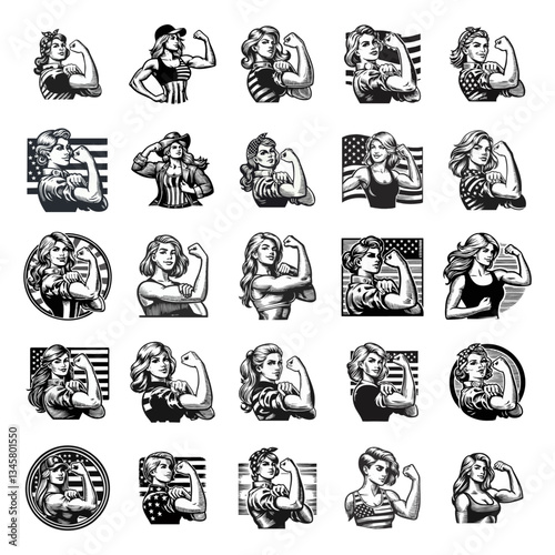 women flexing muscle engrave illustration
