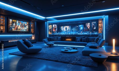 Futuristic living room in ultramarine blue, with AI-powered entertainment systems that suggest movies and music based on mood and preferences,