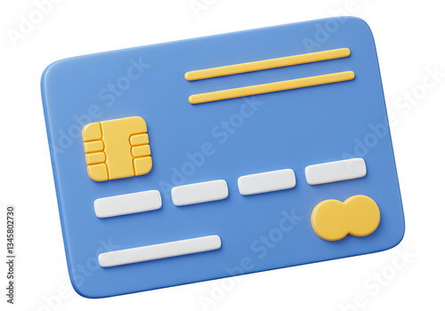 Blue credit card 3D illustration with yellow chip, Mastercard logo, and abstract design elements