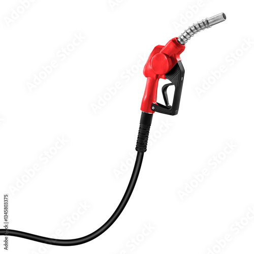 Red fuel pump nozzle, black hose, white background, detailed, realistic, industrial design, gasoline dispenser, automotive equipment, close-up, studio lighting, product photography, isolated object, 