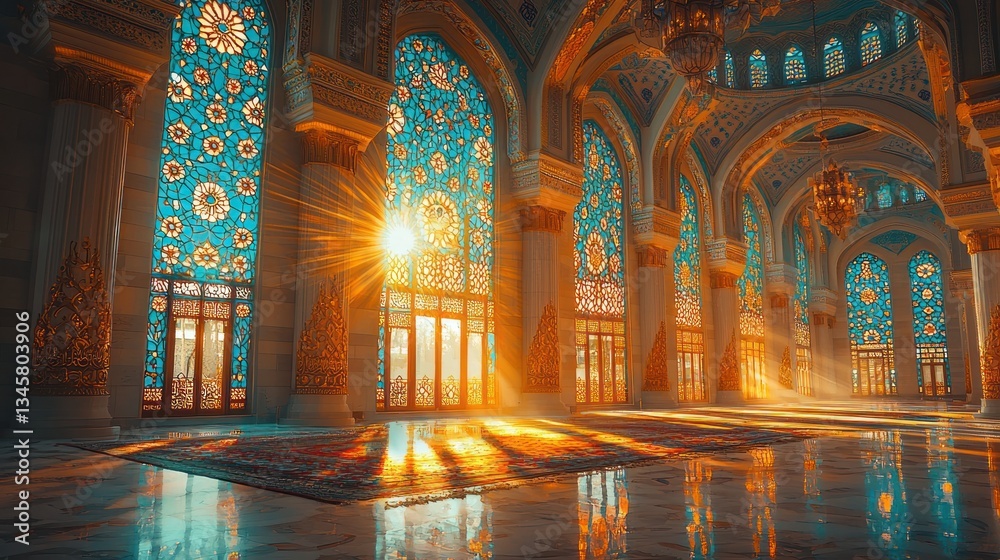 Obraz premium Sunlit Mosque Interior Arabesque Architecture, Golden Hour