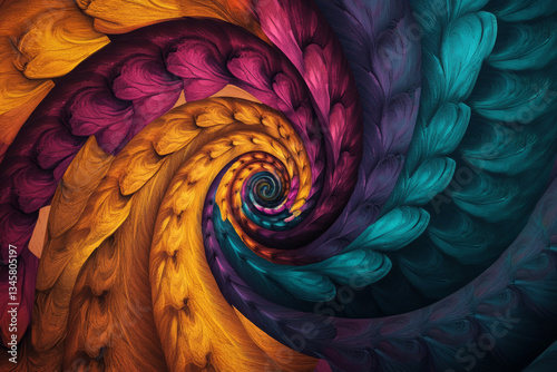 A surreal, colorful abstract background inspired by fractal patterns. The infinitely repeating spirals of vibrant turquoise, golden amber, and rich magenta form a hypnotic, complex, and mathematically