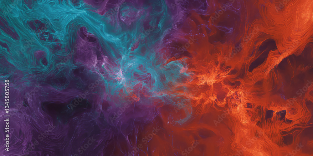 Fototapeta premium A radiant, colorful abstract background resembling a nebula explosion in deep space. The swirling cosmic clouds in glowing violet, fiery red, and deep teal create a celestial, galactic, and visually
