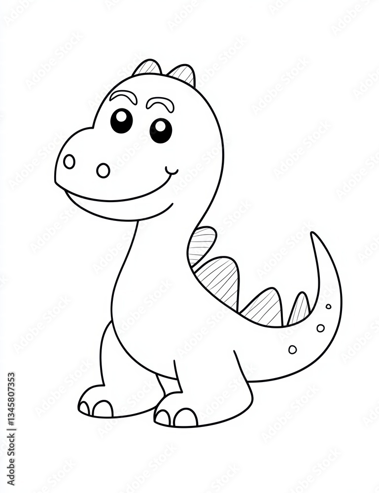 Friendly Cartoon Dinosaur: A charming black and white cartoon illustration of a smiling dinosaur, with its simplistic design evokes a sense of wonder and simplicity.