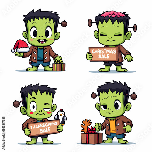 Frankenstein's monster seasonal sale vector cartoon set