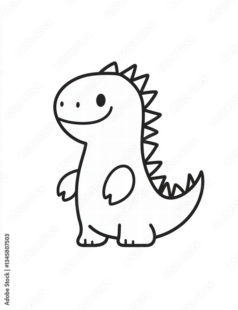Obraz premium Happy Cartoon Dinosaur: A charming and simplistic black-and-white illustration of a cheerful cartoon dinosaur, exuding a sense of playfulness and fun.