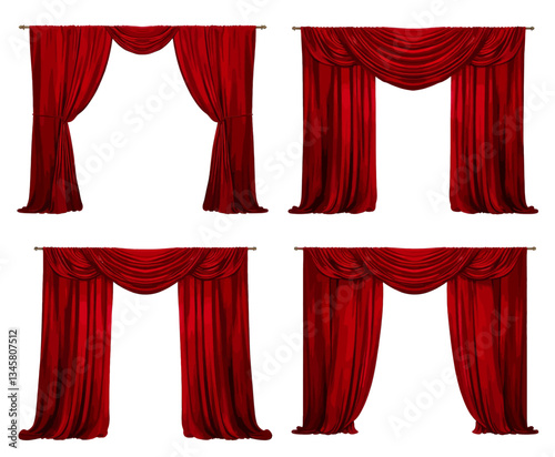 Four Red Velvet Stage Curtains on White
