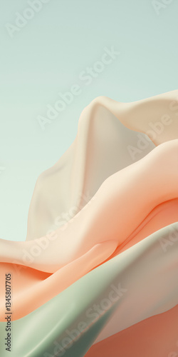 Soft pastel fabric waves in a delicate blend of coral, mint, and ivory colours, creating an elegant and serene texture with smooth, flowing folds perfect for modern, minimalistic designs