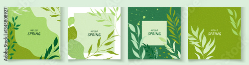 Wallpaper Mural Spring green square backgrounds with a minimalistic design, featuring floral elements and subtle textures. Editable vector template ideal for cards, banners, invitations, social media posts, posters,  Torontodigital.ca