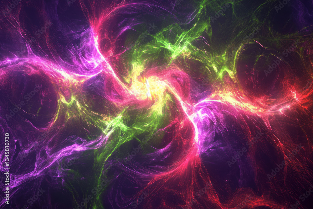 Obraz premium A mesmerizing, colorful abstract background resembling a futuristic plasma field. The electrified, swirling currents in intense purple, glowing green, and fiery red create a high-energy, sci-fi, and
