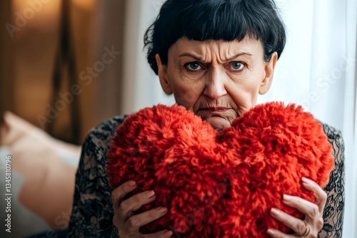 A cute valentine's day greeting from livid face old woman. A big fluffy heart in hands is a gift. Cute love message. Romantic coupleâ€™s story. Romantic surprise. Valentine's day love. Red hea.