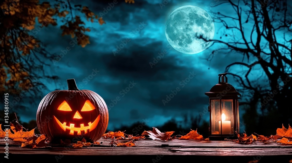 Fototapeta premium A spooky Halloween scene featuring a carved pumpkin, a lantern, and a full moon against a dark, atmospheric backdrop with autumn leaves.