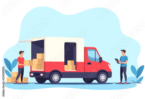 Delivery truck unloading packages with two people working