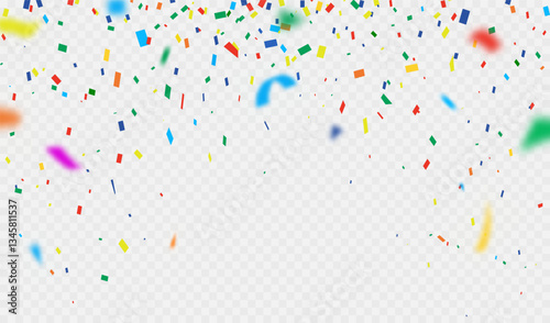 Colorful confetti and party streamers on white background celebrating a fun and festive design. Falling shiny colorful confetti isolated on transparent background.