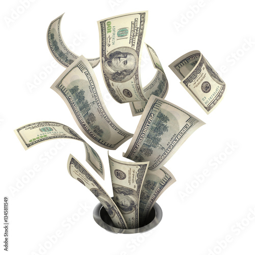 Money drain, hundred dollar bills swirling, financial vortex, currency disappearing, cash flowing away, money down the drain, financial loss concept, dollars vanishing, wealth depletion,