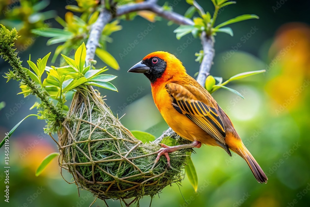 Fototapeta premium Weaver Bird Building Nest, Close-Up Side Profile, Copy Space