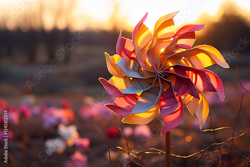 Behold, harmonious dance of a windmill whirling blades, entwined with ethereal palette of a sunset ever shifting hues, a fusion of nature splendor and mankind ingenious creation